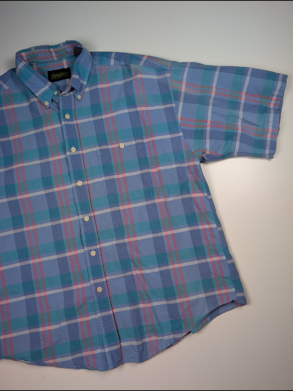 Vintage Specialty Collection Mens Large Plaid Short Sleeve Shirt Blue Pink